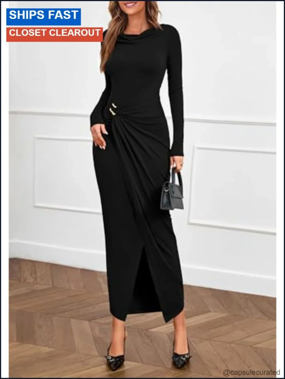 Womens Cowl Neck Long Sleeve Bodycon Midi Dress Ruched Formal Cocktail